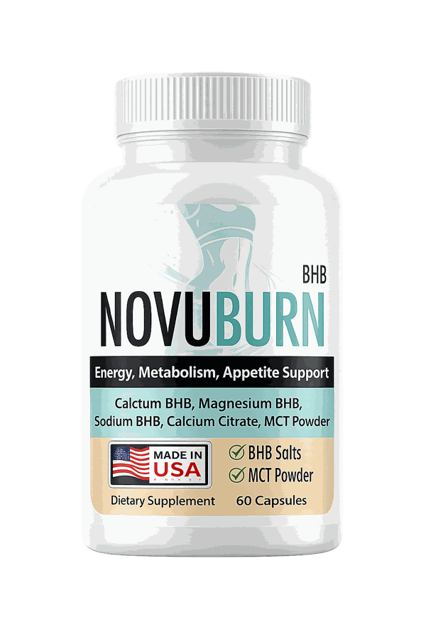 A bottle of NovuBurn keto-support capsules